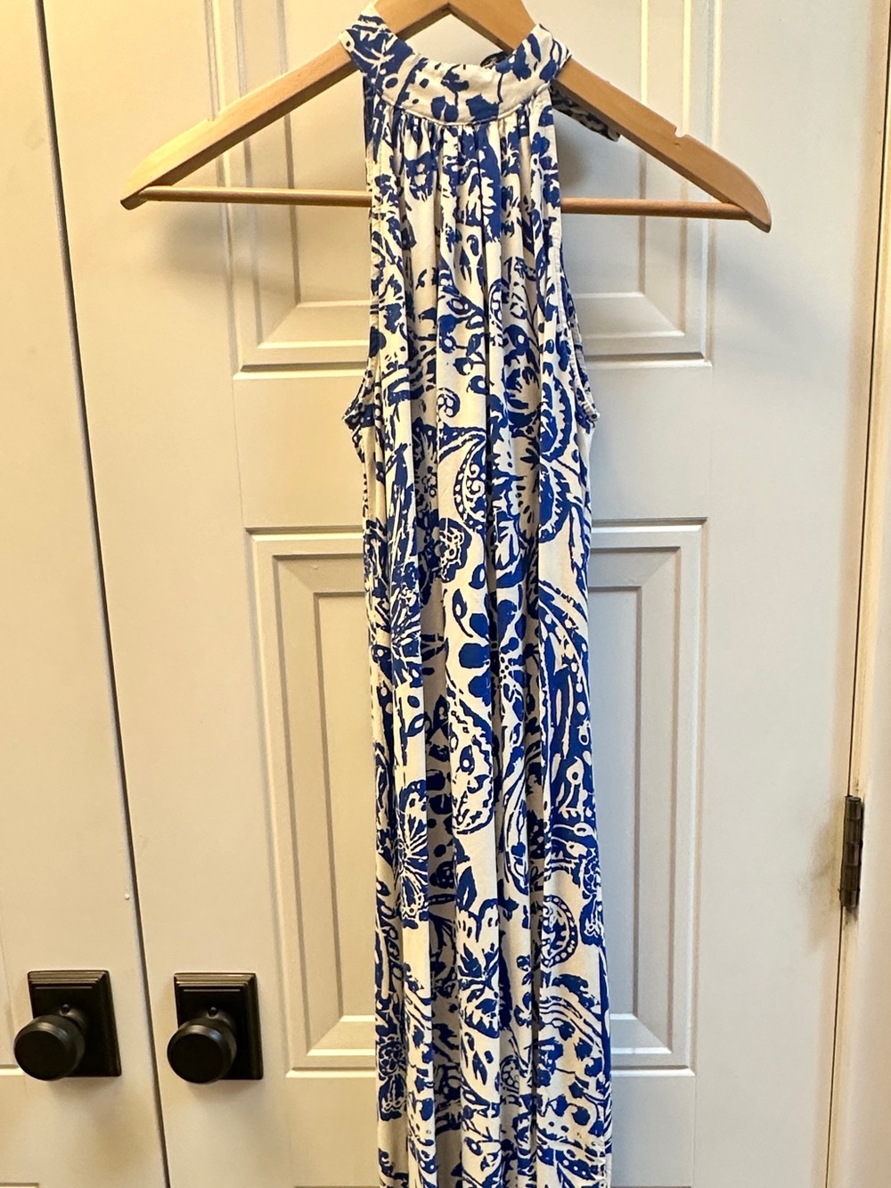 Vince Camuto Blue and White Printed Halter Maxi Column Dress